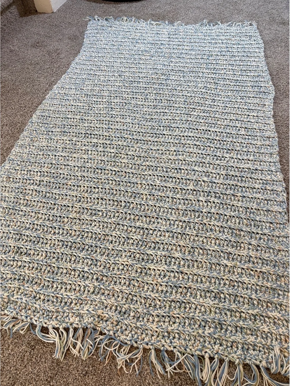 Handmade crochet blanket 84in by 50 in Heavyweight blue, sage, cream